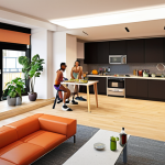 **Prompt:**  Communal living space in a modern apartment building: shared kitchen with young people cooking together, gym area with fitness equipment, bright and inviting entertainment room. Emphasis on community and shared resources.