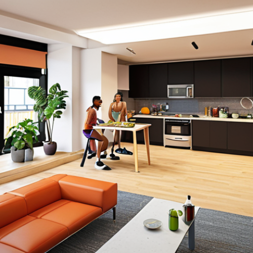 **Prompt:**  Communal living space in a modern apartment building: shared kitchen with young people cooking together, gym area with fitness equipment, bright and inviting entertainment room. Emphasis on community and shared resources.