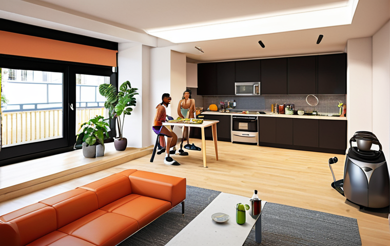 **Prompt:**  Communal living space in a modern apartment building: shared kitchen with young people cooking together, gym area with fitness equipment, bright and inviting entertainment room. Emphasis on community and shared resources.
