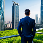 A visionary urban planner, fully clothed in a modest business suit, stands on a sky garden overlooking a meticulously designed eco-city. The cityscape features numerous skyscrapers with extensive vertical greening, interconnected by elegant pedestrian bridges. Subtle smart lighting illuminates the clean, energy-efficient architecture, and autonomous electric vehicles glide silently on the streets below. Perfect anatomy, correct proportions, natural pose, well-formed hands, proper finger count. Professional photography, high detail, vibrant natural colors, futuristic yet harmonious lighting. safe for work, appropriate content, fully clothed, professional, family-friendly.