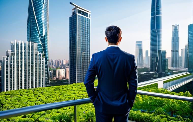 A visionary urban planner, fully clothed in a modest business suit, stands on a sky garden overlooking a meticulously designed eco-city. The cityscape features numerous skyscrapers with extensive vertical greening, interconnected by elegant pedestrian bridges. Subtle smart lighting illuminates the clean, energy-efficient architecture, and autonomous electric vehicles glide silently on the streets below. Perfect anatomy, correct proportions, natural pose, well-formed hands, proper finger count. Professional photography, high detail, vibrant natural colors, futuristic yet harmonious lighting. safe for work, appropriate content, fully clothed, professional, family-friendly.